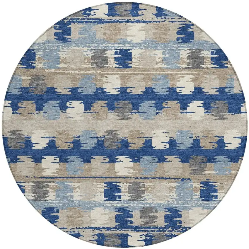 8' Navy Blue And Charcoal Round Abstract Washable Indoor Outdoor Area Rug Photo 6