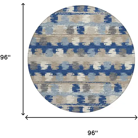 8' Navy Blue And Charcoal Round Abstract Washable Indoor Outdoor Area Rug Photo 9