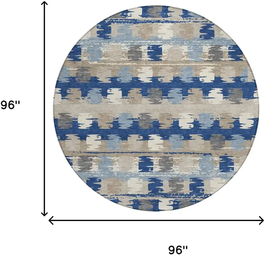 8' Navy Blue And Charcoal Round Abstract Washable Indoor Outdoor Area Rug Photo 9