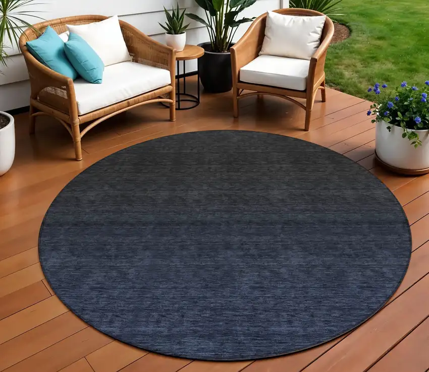 8' Navy Blue And Charcoal Round Abstract Washable Indoor Outdoor Area Rug Photo 1
