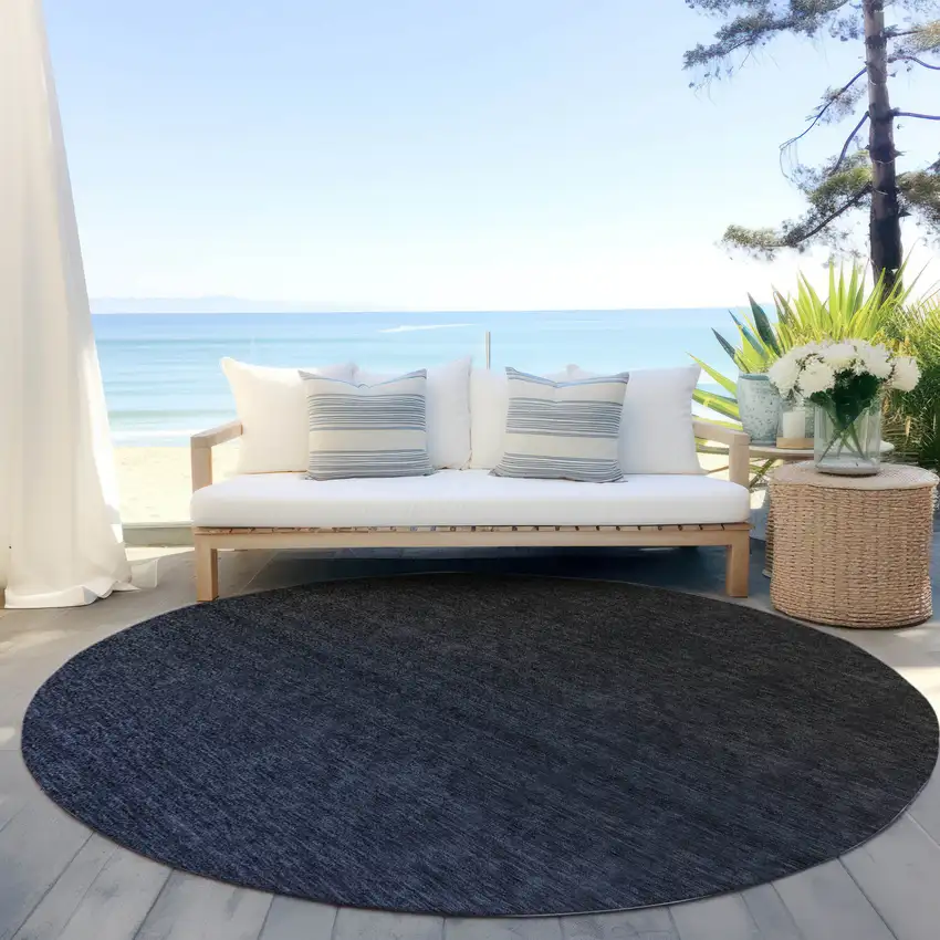 8' Navy Blue And Charcoal Round Abstract Washable Indoor Outdoor Area Rug Photo 6