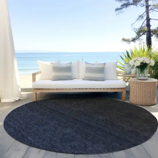 8' Navy Blue And Charcoal Round Abstract Washable Indoor Outdoor Area Rug Photo 6