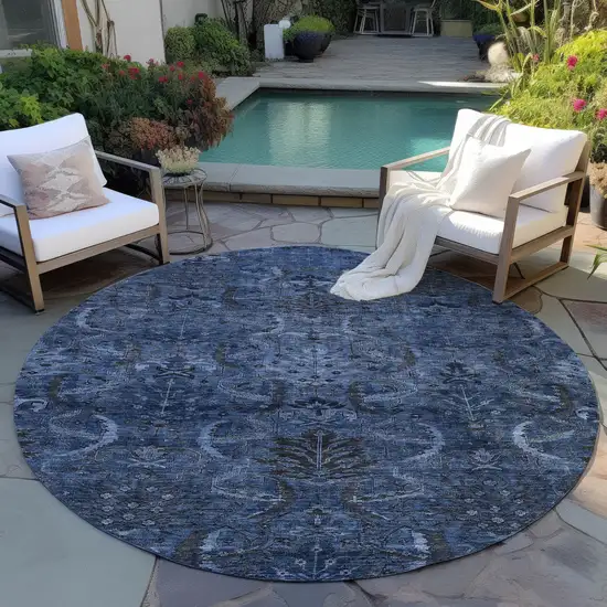 8' Navy Blue And Charcoal Round Damask Washable Indoor Outdoor Area Rug Photo 7