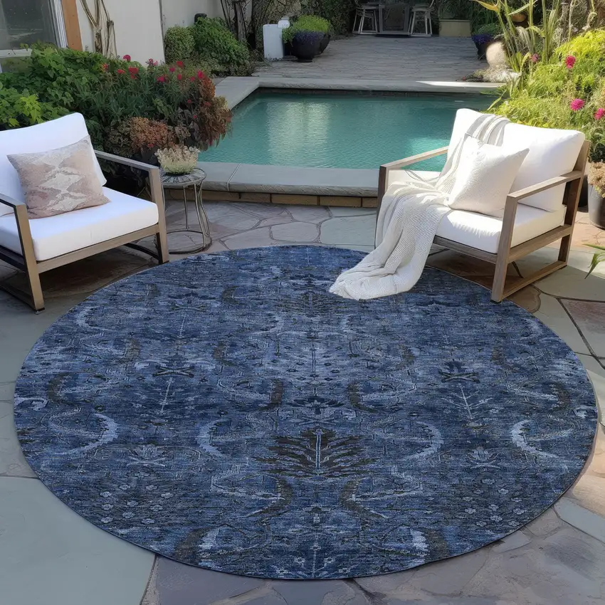 8' Navy Blue And Charcoal Round Damask Washable Indoor Outdoor Area Rug Photo 7