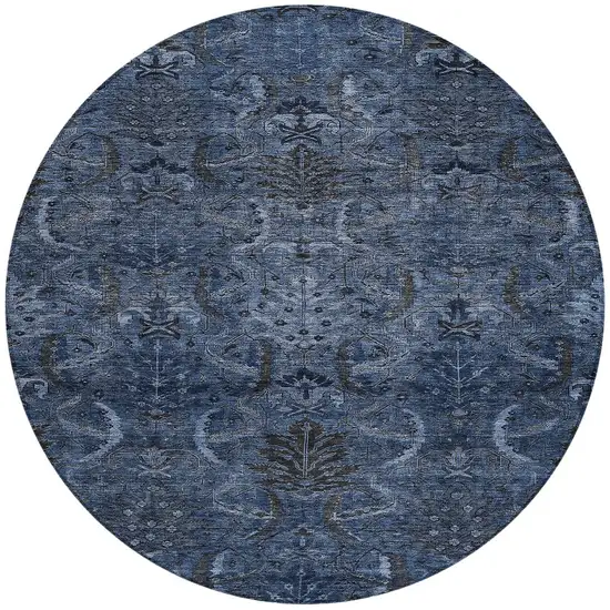 8' Navy Blue And Charcoal Round Damask Washable Indoor Outdoor Area Rug Photo 6