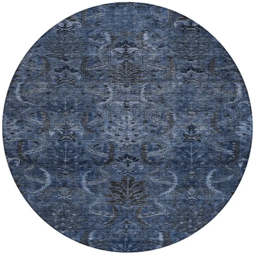 8' Navy Blue And Charcoal Round Damask Washable Indoor Outdoor Area Rug Photo 6