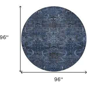 Photo of 8' Navy Blue And Charcoal Round Damask Washable Indoor Outdoor Area Rug