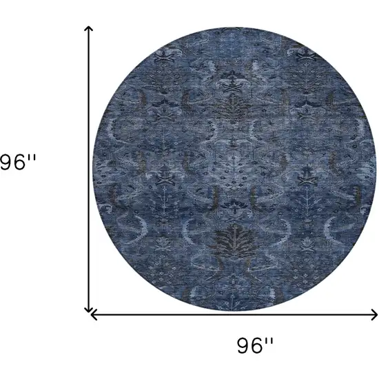 8' Navy Blue And Charcoal Round Damask Washable Indoor Outdoor Area Rug Photo 9