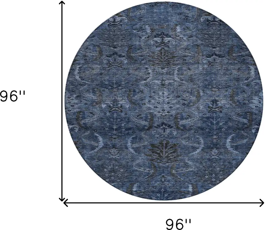 8' Navy Blue And Charcoal Round Damask Washable Indoor Outdoor Area Rug Photo 9