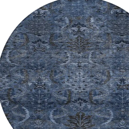 8' Navy Blue And Charcoal Round Damask Washable Indoor Outdoor Area Rug Photo 5