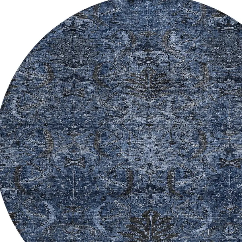8' Navy Blue And Charcoal Round Damask Washable Indoor Outdoor Area Rug Photo 5