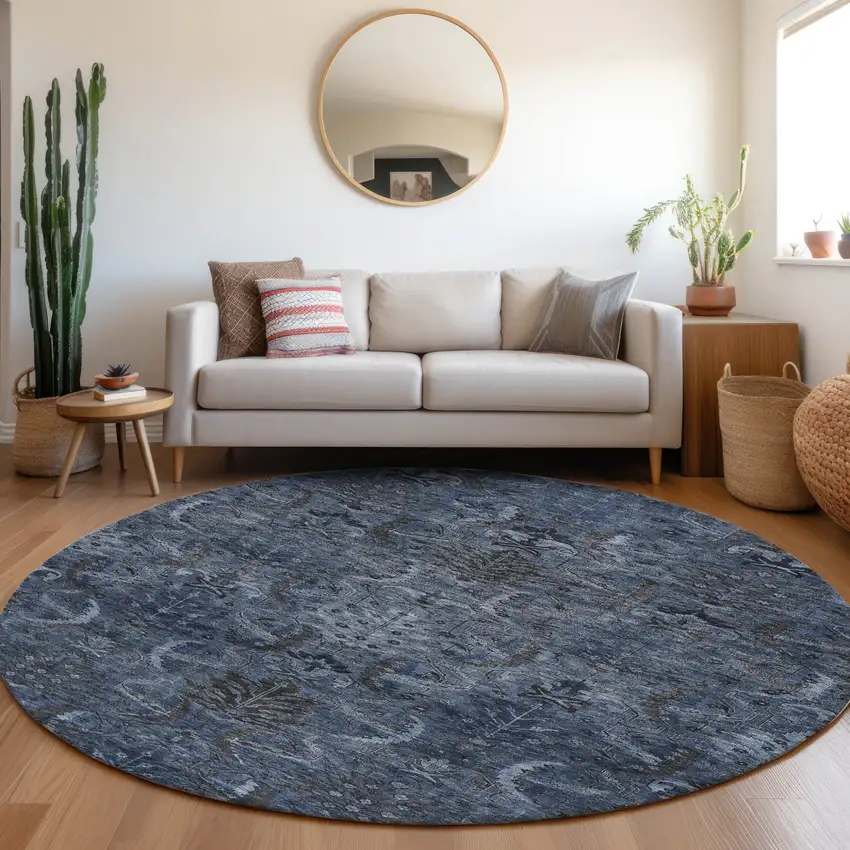 8' Navy Blue And Charcoal Round Damask Washable Indoor Outdoor Area Rug Photo 8