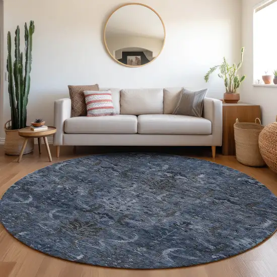 8' Navy Blue And Charcoal Round Damask Washable Indoor Outdoor Area Rug Photo 8