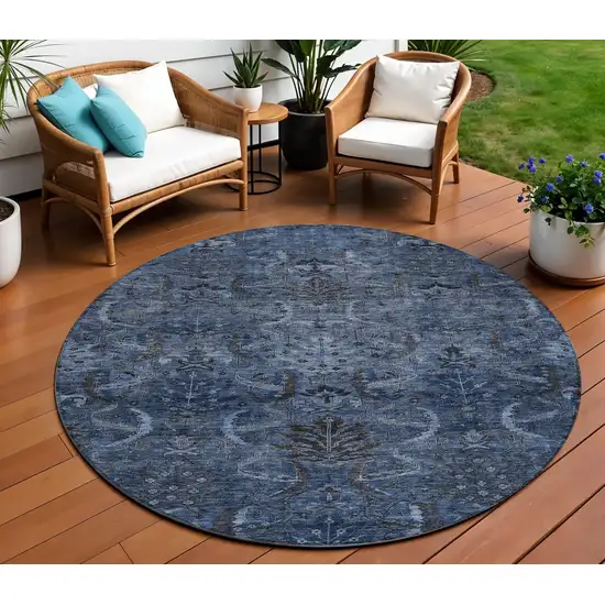 8' Navy Blue And Charcoal Round Damask Washable Indoor Outdoor Area Rug Photo 1
