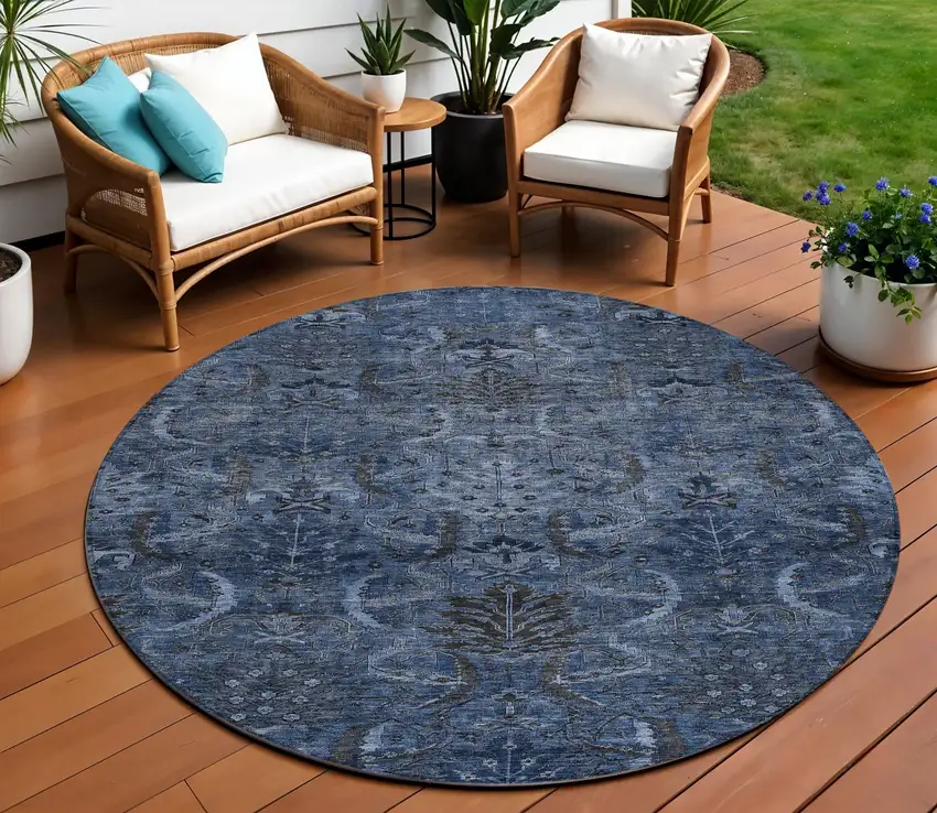 8' Navy Blue And Charcoal Round Damask Washable Indoor Outdoor Area Rug Photo 1