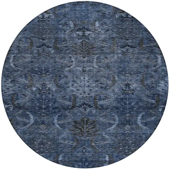 8' Navy Blue And Charcoal Round Damask Washable Indoor Outdoor Area Rug Photo 2