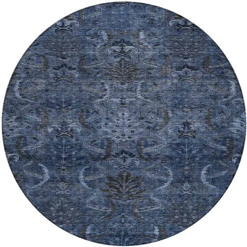 8' Navy Blue And Charcoal Round Damask Washable Indoor Outdoor Area Rug Photo 2