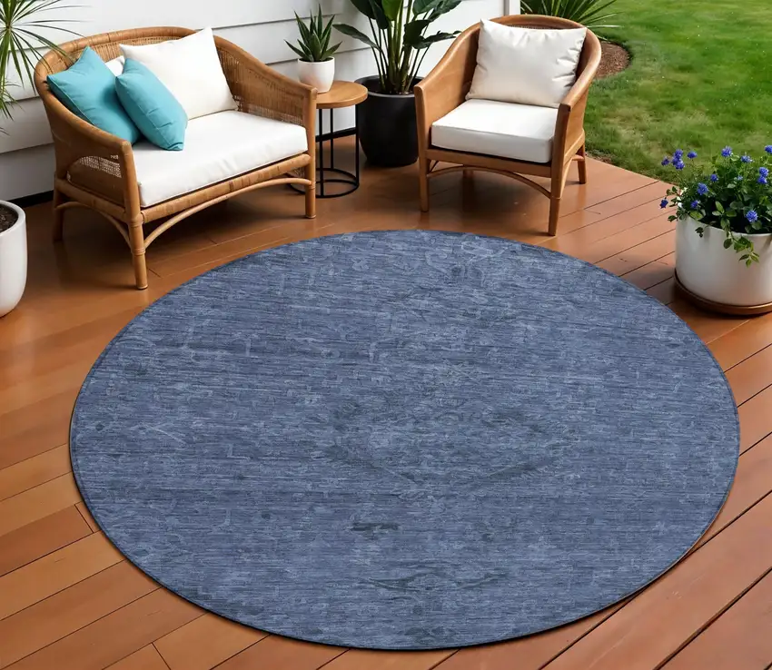 8' Navy Blue And Charcoal Round Floral Washable Indoor Outdoor Area Rug Photo 1