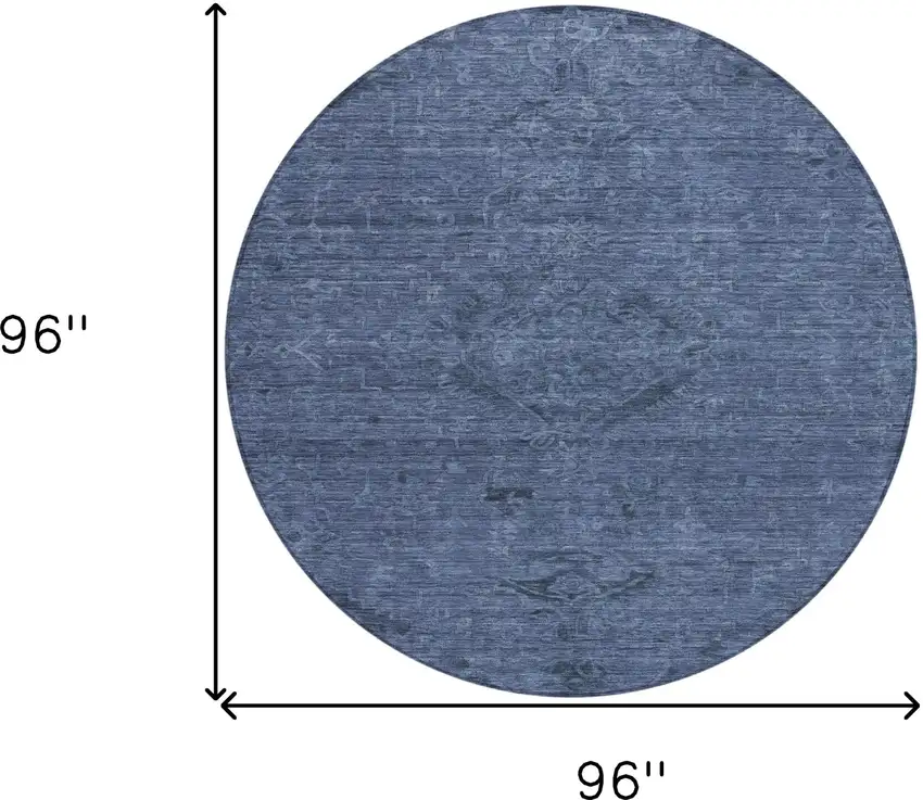 8' Navy Blue And Charcoal Round Floral Washable Indoor Outdoor Area Rug Photo 9