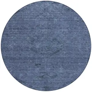Photo of 8' Navy Blue And Charcoal Round Floral Washable Indoor Outdoor Area Rug