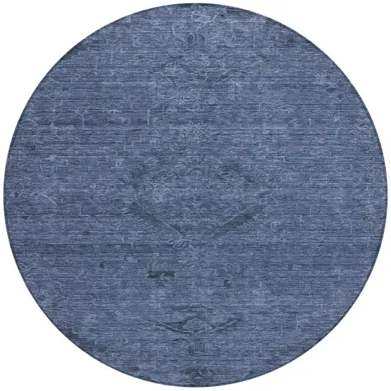 8' Navy Blue And Charcoal Round Floral Washable Indoor Outdoor Area Rug Photo 6