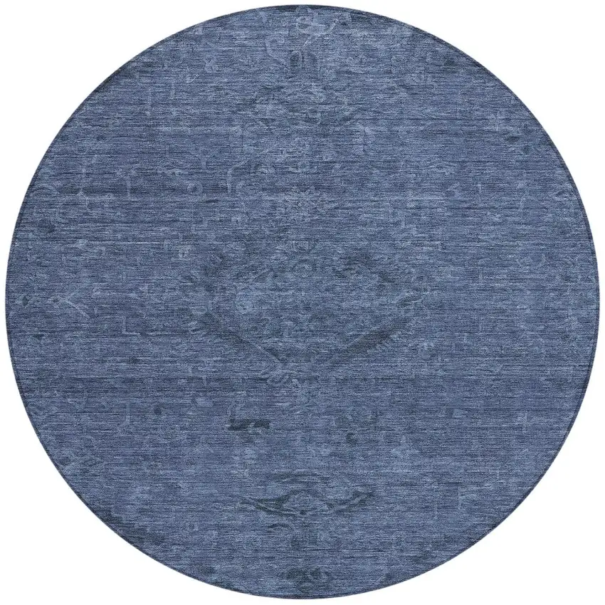 8' Navy Blue And Charcoal Round Floral Washable Indoor Outdoor Area Rug Photo 6