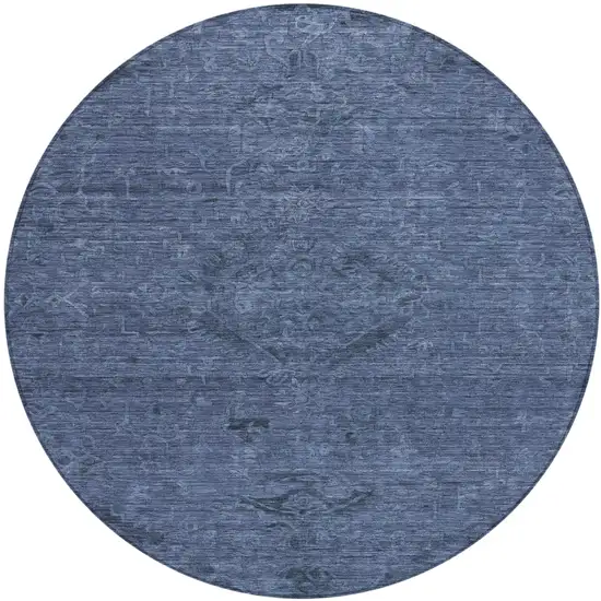 8' Navy Blue And Charcoal Round Floral Washable Indoor Outdoor Area Rug Photo 2