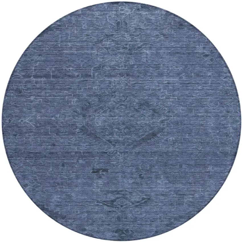 8' Navy Blue And Charcoal Round Floral Washable Indoor Outdoor Area Rug Photo 2