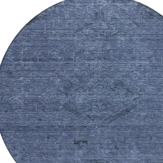 8' Navy Blue And Charcoal Round Floral Washable Indoor Outdoor Area Rug Photo 5
