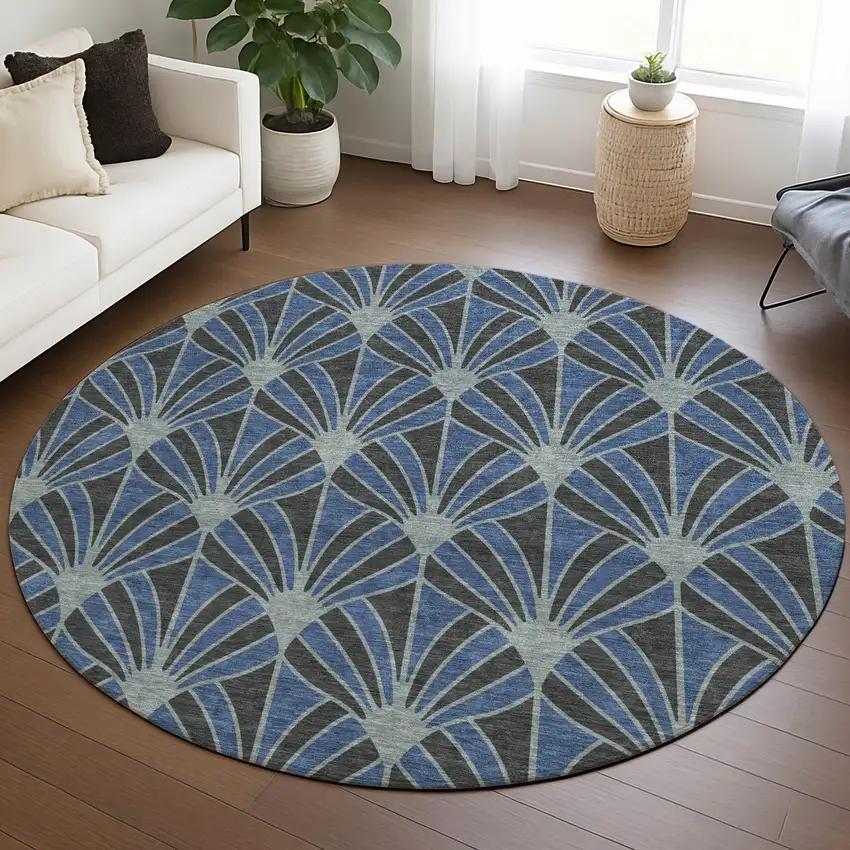 8' Navy Blue And Charcoal Round Seashell Washable Indoor Outdoor Area Rug Photo 5