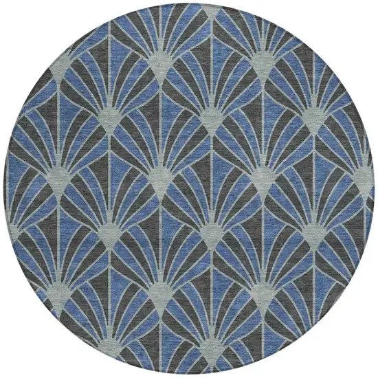 8' Navy Blue And Charcoal Round Seashell Washable Indoor Outdoor Area Rug Photo 3