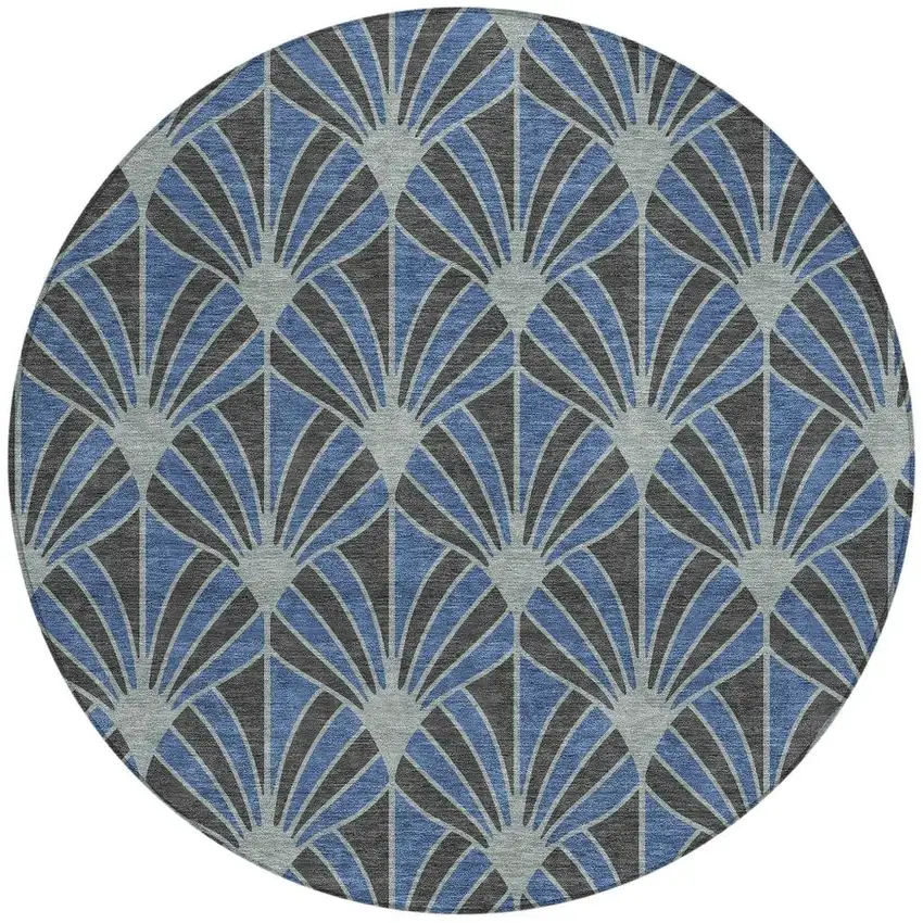 8' Navy Blue And Charcoal Round Seashell Washable Indoor Outdoor Area Rug Photo 3
