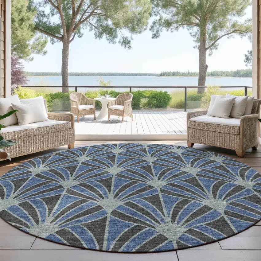 8' Navy Blue And Charcoal Round Seashell Washable Indoor Outdoor Area Rug Photo 4