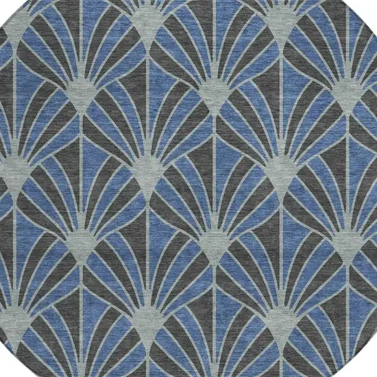 8' Navy Blue And Charcoal Round Seashell Washable Indoor Outdoor Area Rug Photo 2