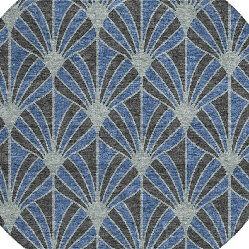 8' Navy Blue And Charcoal Round Seashell Washable Indoor Outdoor Area Rug Photo 2