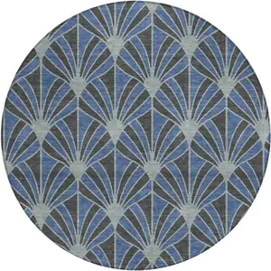Photo of 8' Navy Blue And Charcoal Round Seashell Washable Indoor Outdoor Area Rug