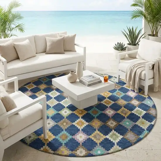 8' Navy Blue And Chocolate Round Aztec Washable Indoor Outdoor Area Rug Photo 1
