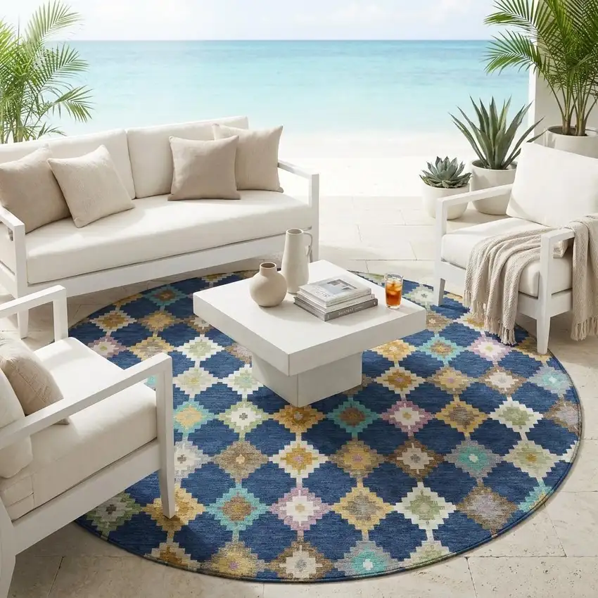 8' Navy Blue And Chocolate Round Aztec Washable Indoor Outdoor Area Rug Photo 1