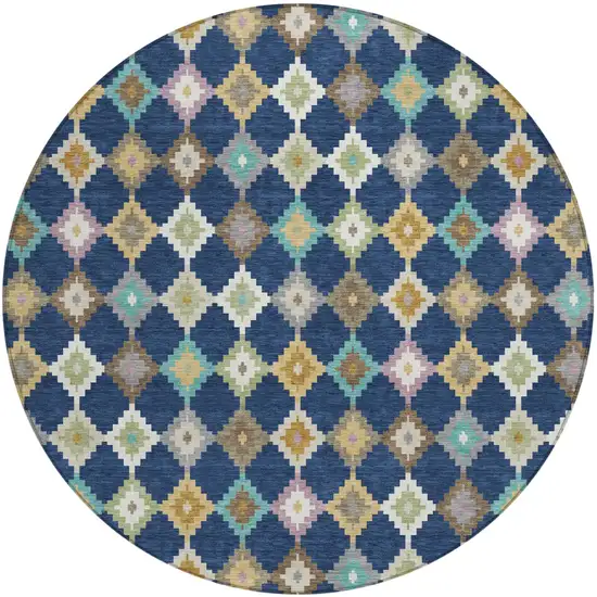 8' Navy Blue And Chocolate Round Aztec Washable Indoor Outdoor Area Rug Photo 2