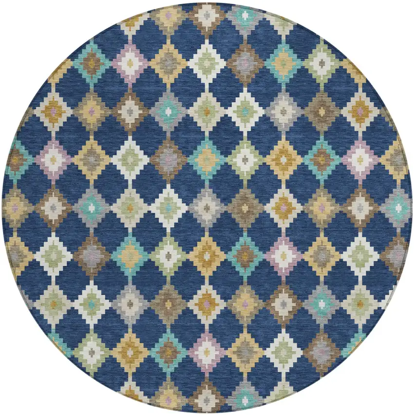 8' Navy Blue And Chocolate Round Aztec Washable Indoor Outdoor Area Rug Photo 2
