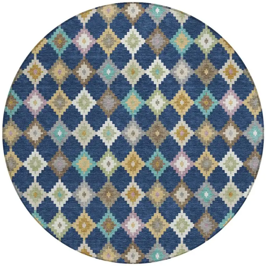8' Navy Blue And Chocolate Round Aztec Washable Indoor Outdoor Area Rug Photo 4