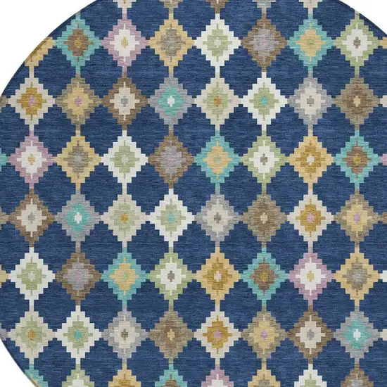 8' Navy Blue And Chocolate Round Aztec Washable Indoor Outdoor Area Rug Photo 3