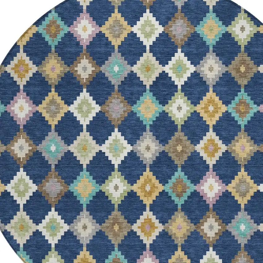 8' Navy Blue And Chocolate Round Aztec Washable Indoor Outdoor Area Rug Photo 3