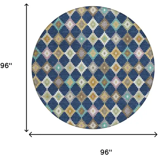 8' Navy Blue And Chocolate Round Aztec Washable Indoor Outdoor Area Rug Photo 7