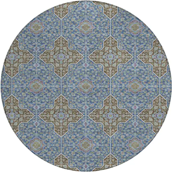 8' Navy Blue And Chocolate Round Quatrefoil Washable Indoor Outdoor Area Rug Photo 1