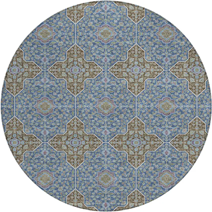 8' Navy Blue And Chocolate Round Quatrefoil Washable Indoor Outdoor Area Rug Photo 1