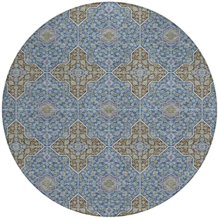 8' Navy Blue And Chocolate Round Quatrefoil Washable Indoor Outdoor Area Rug Photo 3
