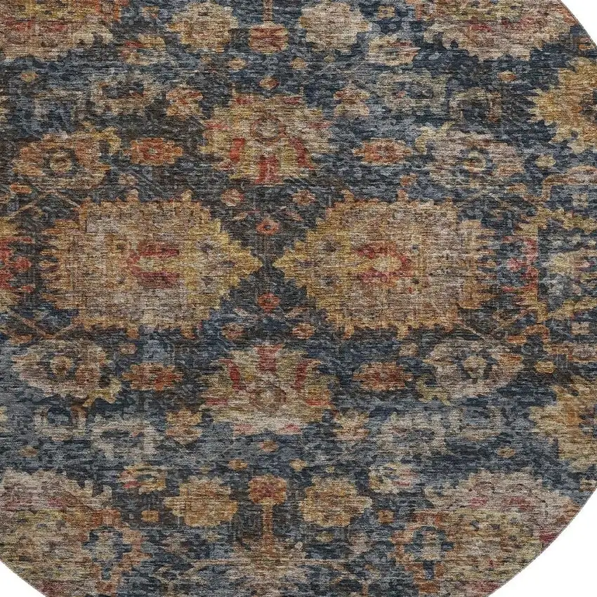 8' Navy Blue And Copper Damask Washable Round Rug With UV Protection Photo 2