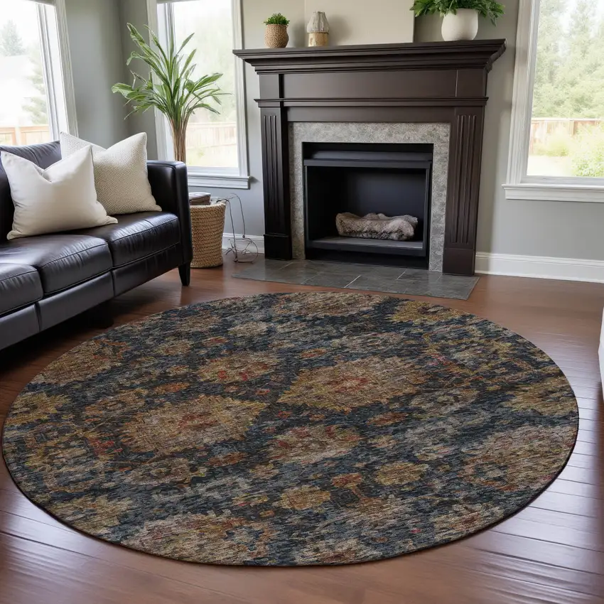 8' Navy Blue And Copper Damask Washable Round Rug With UV Protection Photo 4