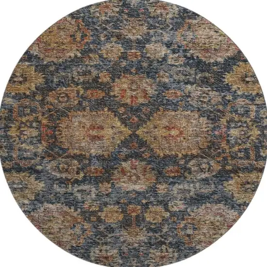 8' Navy Blue And Copper Damask Washable Round Rug With UV Protection Photo 3